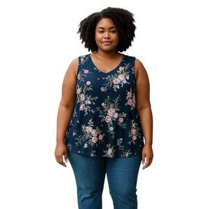 New Torrid Navy Blue Floral Sleeveless Super Soft V-Neck Tank Top 1X NWT